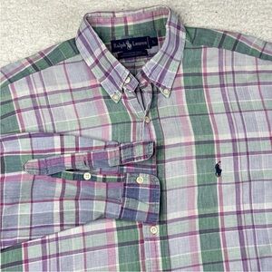 Vintage Polo Ralph Lauren Madras Shirt Mens Large Blue Pink Plaid Long Sleeve